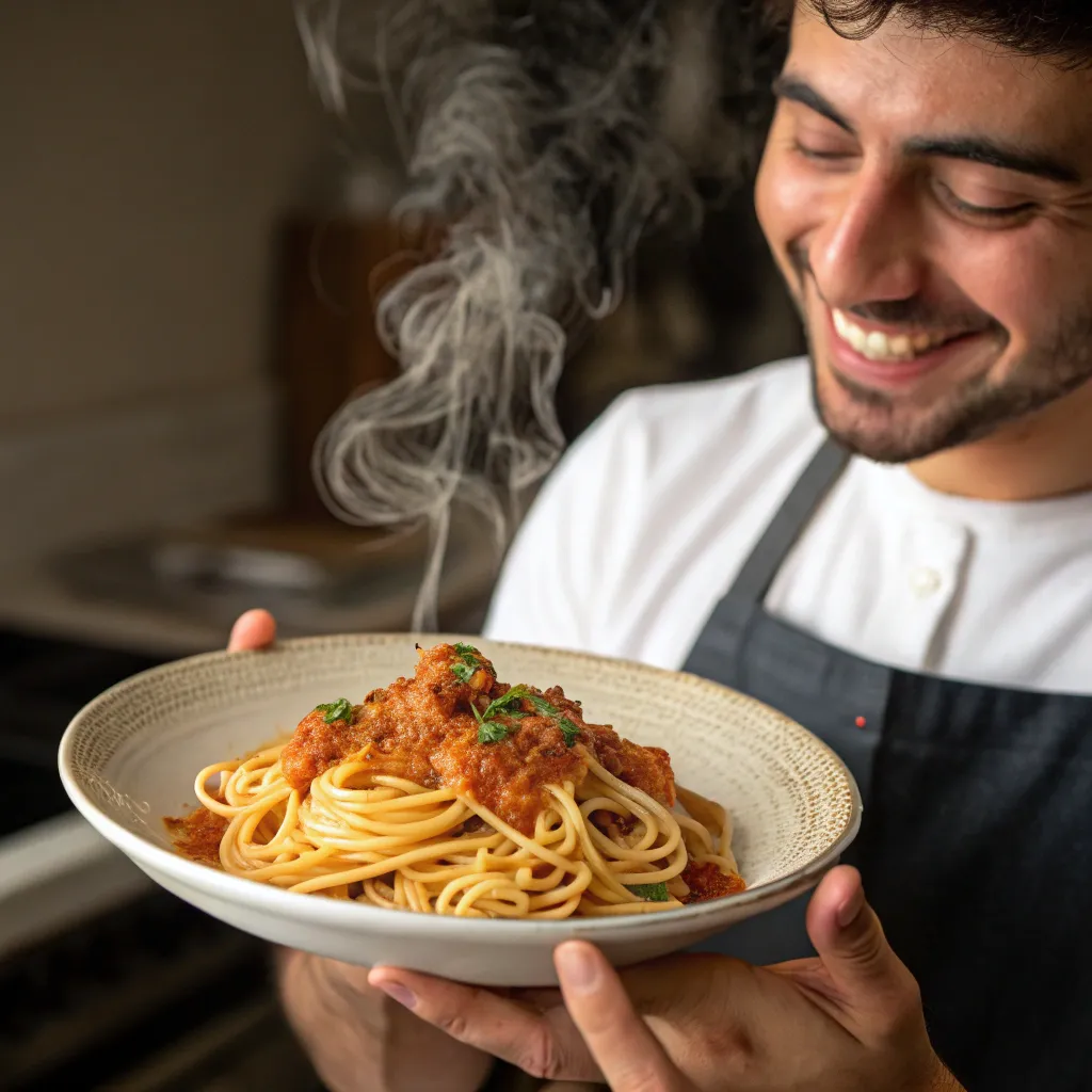 Alex smiling with a plate of homemade pasta