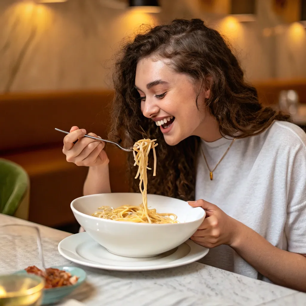 Emily delighting over a bowl of fettuccine
